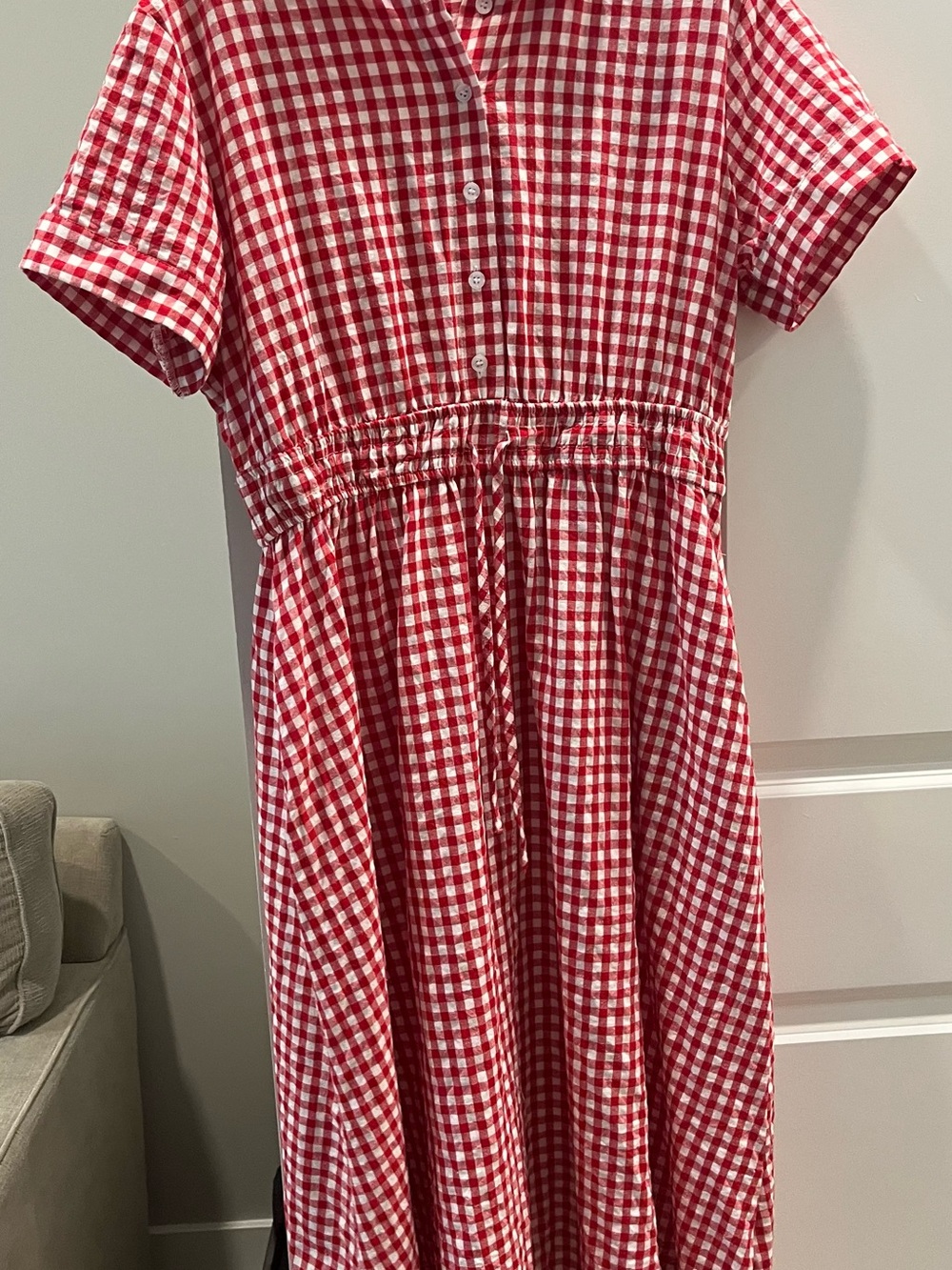Red and White Gingham Button-Front Dress A-line Midi